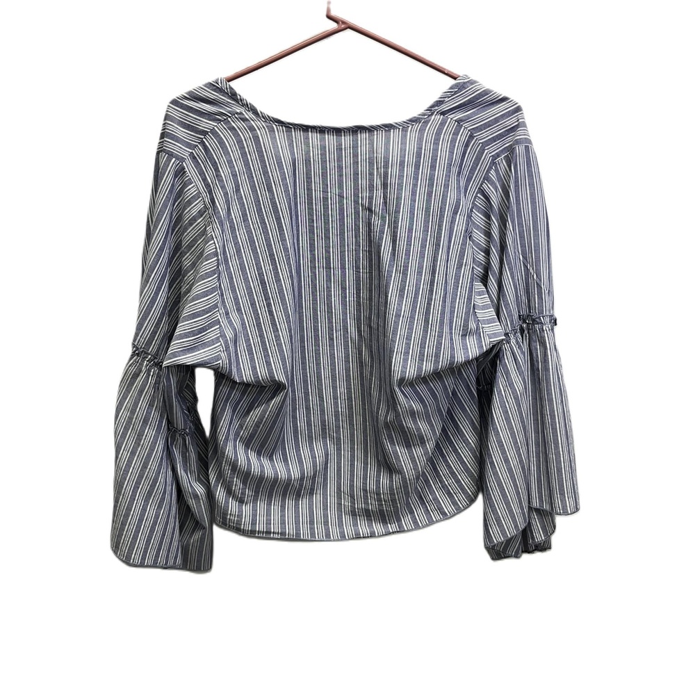 Lavender Field Boho Blue White Womens Tie Front Blouse Bell Sleeve Medium - Picture 2 of 10